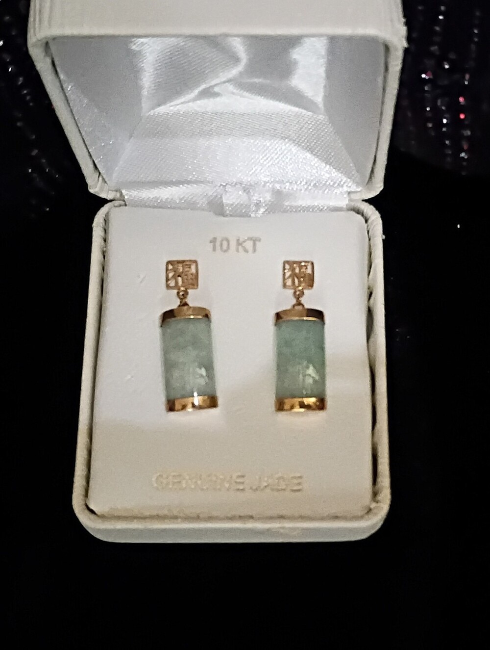 10KT Gold Jade Drop Earrings - Green Jade Cylinder Dangles NWOT